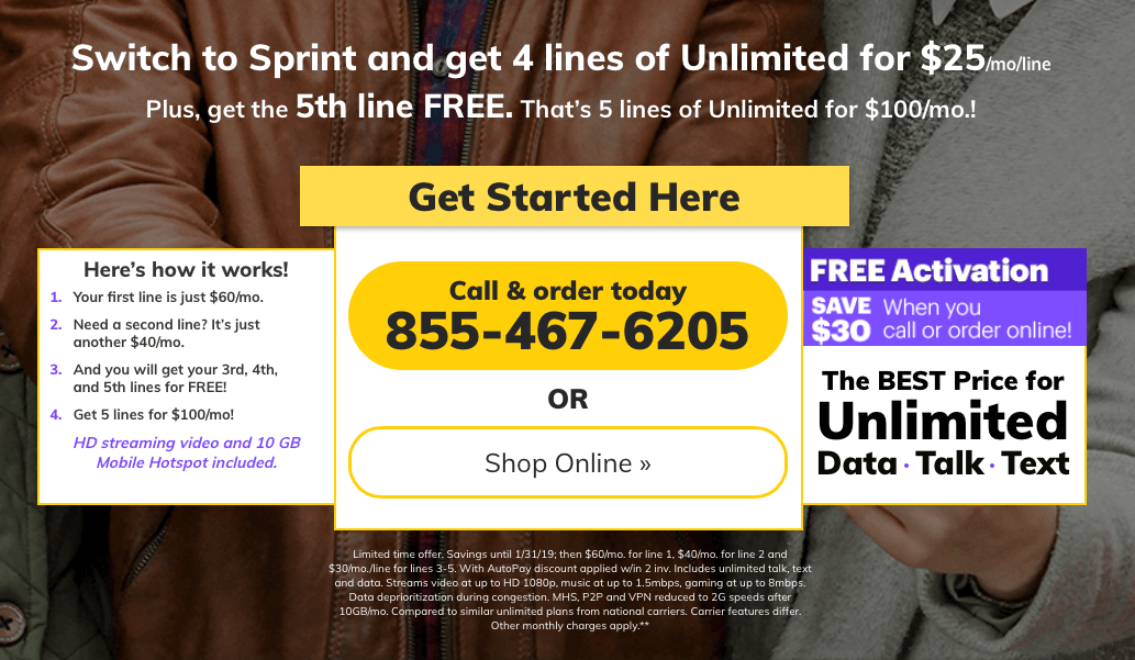Switch to Sprint and get 4 lines of Unlimited for $25/mo/line